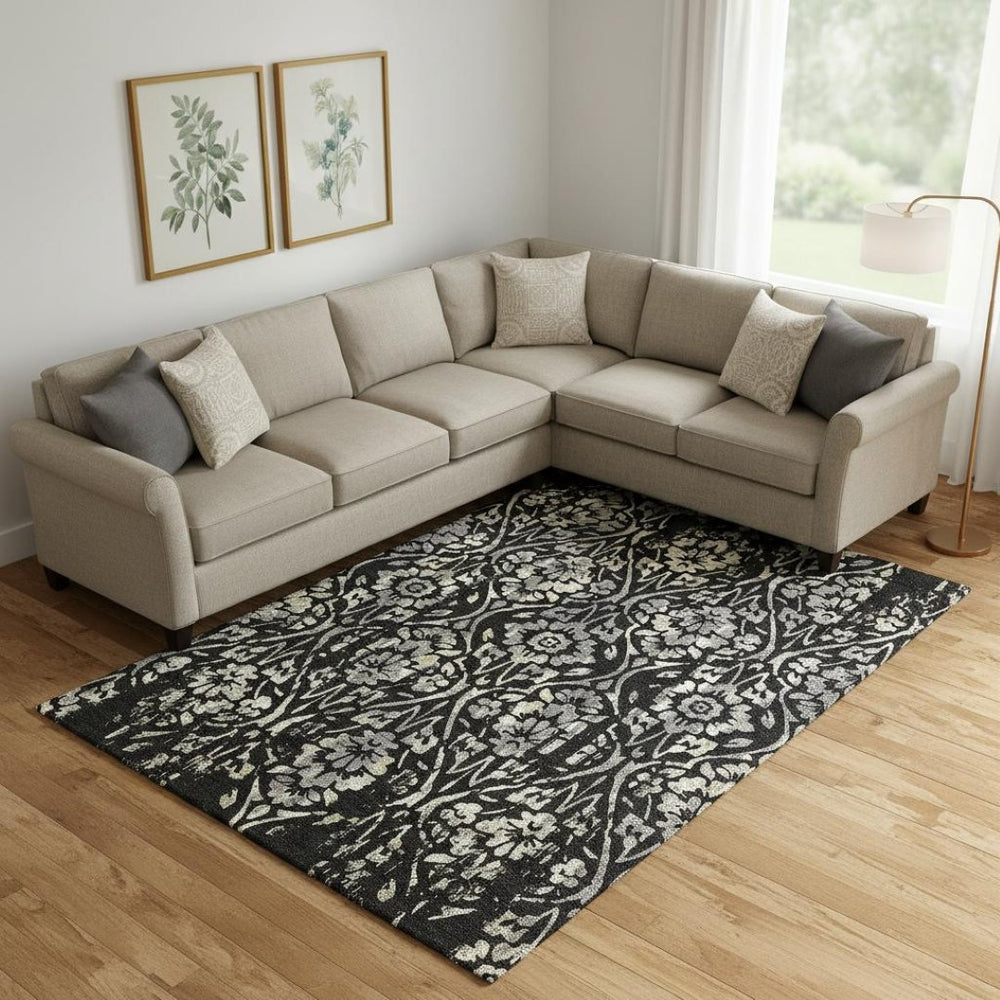 HomeRoots 8' X 10' Stylish Black Gray Beige Floral Washable Area Rug with UV Protection for High-Traffic Rooms 669028