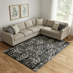 HomeRoots 8' X 10' Stylish Black Gray Beige Floral Washable Area Rug with UV Protection for High-Traffic Rooms 669028