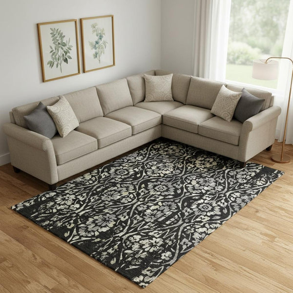 HomeRoots 8' X 10' Stylish Black Gray Beige Floral Washable Area Rug with UV Protection for High-Traffic Rooms 669028