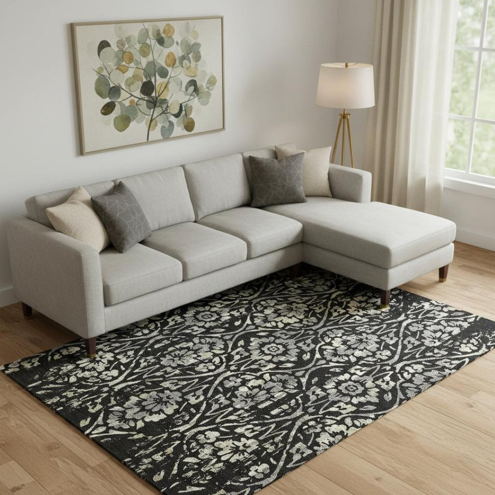 HomeRoots 10' Stunning Black, Gray & Beige Floral Area Rug - Washable, UV-Protected for Stylish Durability! 669030