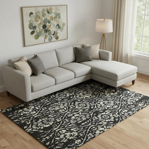 HomeRoots 10' Stunning Black, Gray & Beige Floral Area Rug - Washable, UV-Protected for Stylish Durability! 669030