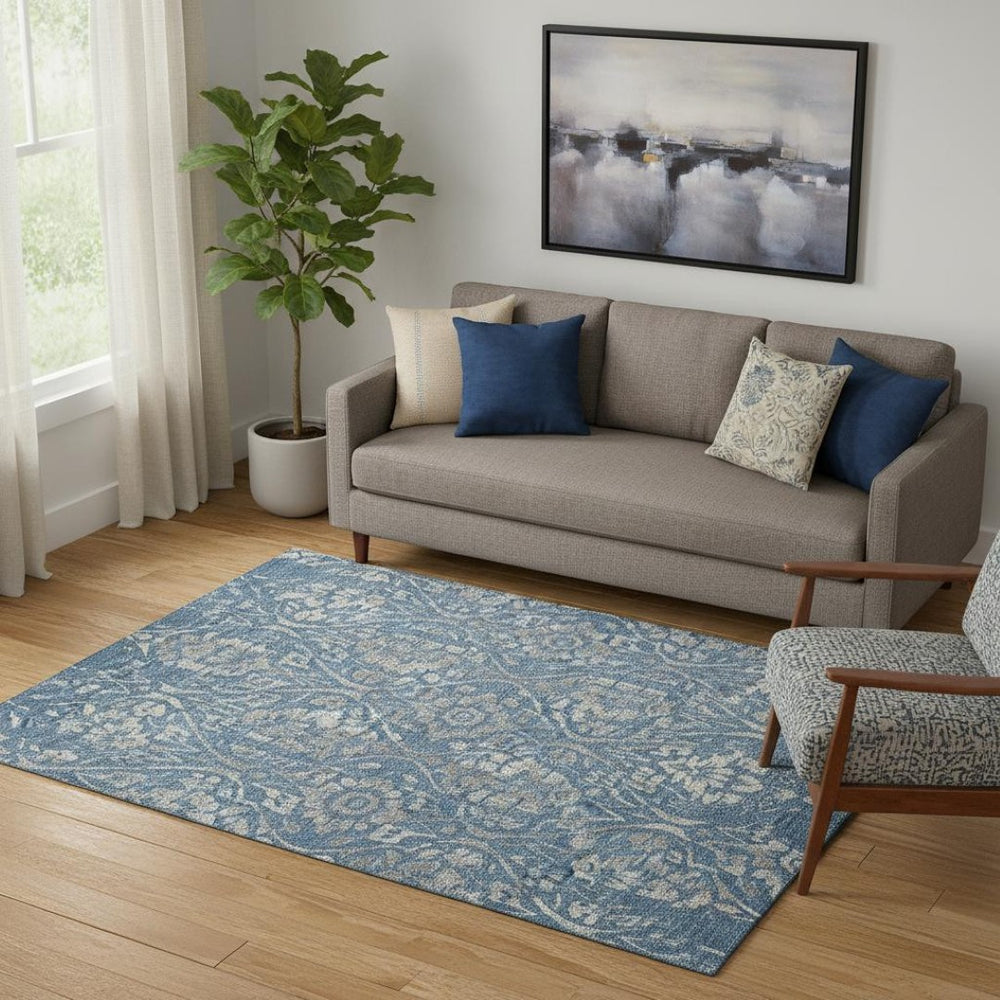 HomeRoots 5' X 8' Elegant Blue and Gray Floral Area Rug - Washable, UV Protected, Perfect for Busy Homes! 669032