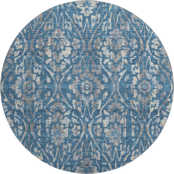 HomeRoots 8' Blue and Gray Floral Washable Round Rug – Durable, UV-Protected, Stylish, Stain-Resistant Design! 669033