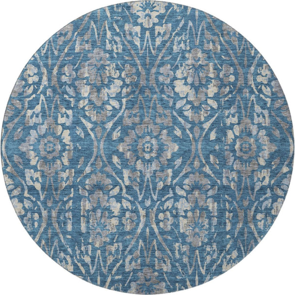 HomeRoots 8' Blue and Gray Floral Washable Round Rug – Durable, UV-Protected, Stylish, Stain-Resistant Design! 669033