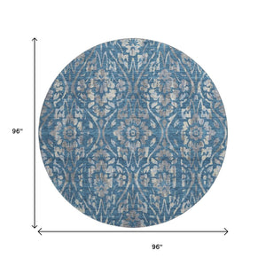 HomeRoots 8' Blue and Gray Floral Washable Round Rug – Durable, UV-Protected, Stylish, Stain-Resistant Design! 669033