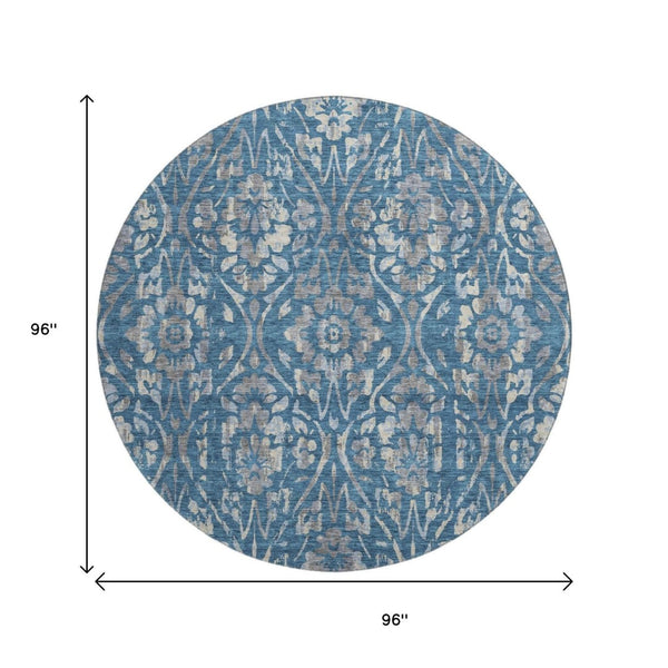 HomeRoots 8' Blue and Gray Floral Washable Round Rug – Durable, UV-Protected, Stylish, Stain-Resistant Design! 669033
