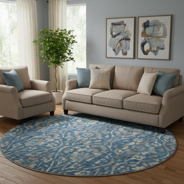 HomeRoots 8' Blue and Gray Floral Washable Round Rug – Durable, UV-Protected, Stylish, Stain-Resistant Design! 669033