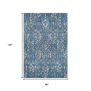 HomeRoots 8' X 10' Blue and Gray Floral Washable Area Rug with Stain Resistance and UV Protection for Durability 669034