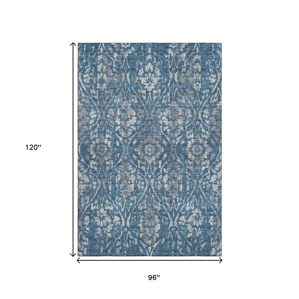 HomeRoots 8' X 10' Blue and Gray Floral Washable Area Rug with Stain Resistance and UV Protection for Durability 669034