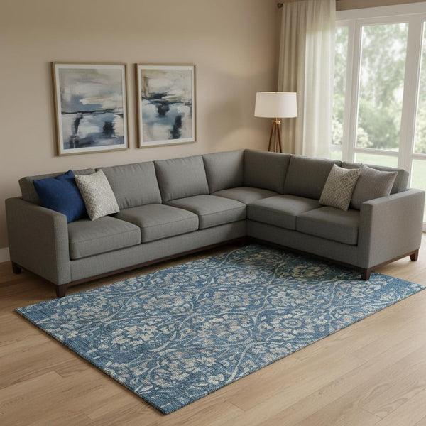 HomeRoots 8' X 10' Blue and Gray Floral Washable Area Rug with Stain Resistance and UV Protection for Durability 669034