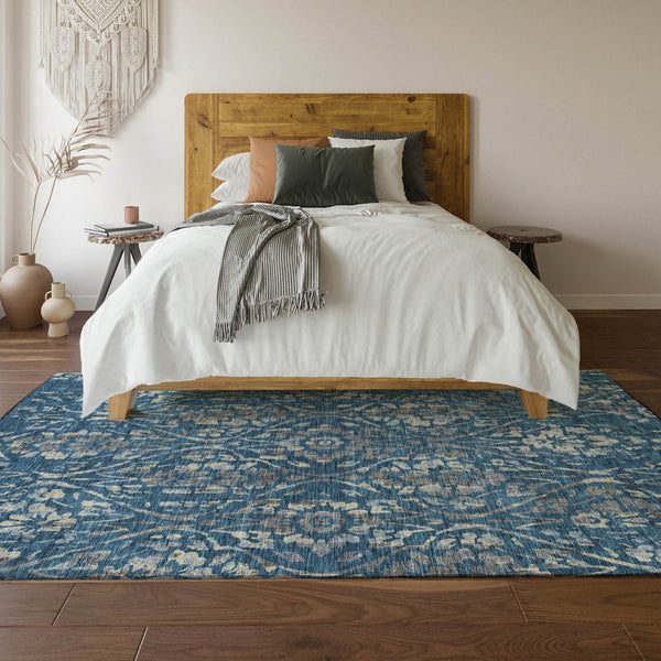 HomeRoots 8' X 10' Blue and Gray Floral Washable Area Rug with Stain Resistance and UV Protection for Durability 669034