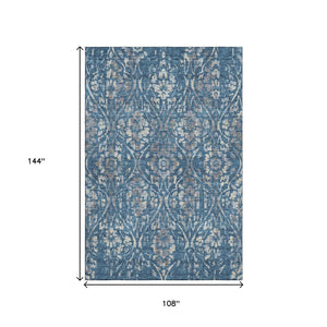 HomeRoots 9' X 12' Blue and Gray Floral Area Rug - Washable, UV-Protected, Stain-Resistant for High-Traffic Spaces 669035