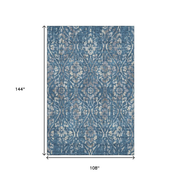 HomeRoots 9' X 12' Blue and Gray Floral Area Rug - Washable, UV-Protected, Stain-Resistant for High-Traffic Spaces 669035
