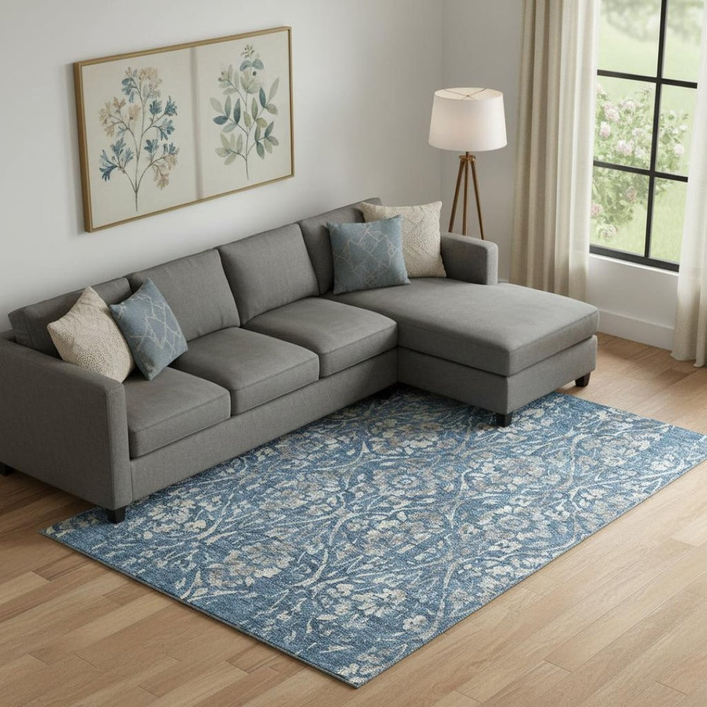 HomeRoots 9' X 12' Blue and Gray Floral Area Rug - Washable, UV-Protected, Stain-Resistant for High-Traffic Spaces 669035