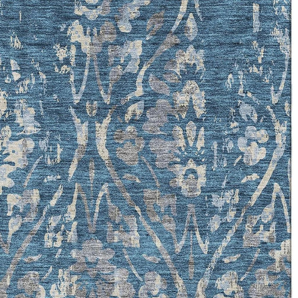 HomeRoots 9' X 12' Blue and Gray Floral Area Rug - Washable, UV-Protected, Stain-Resistant for High-Traffic Spaces 669035