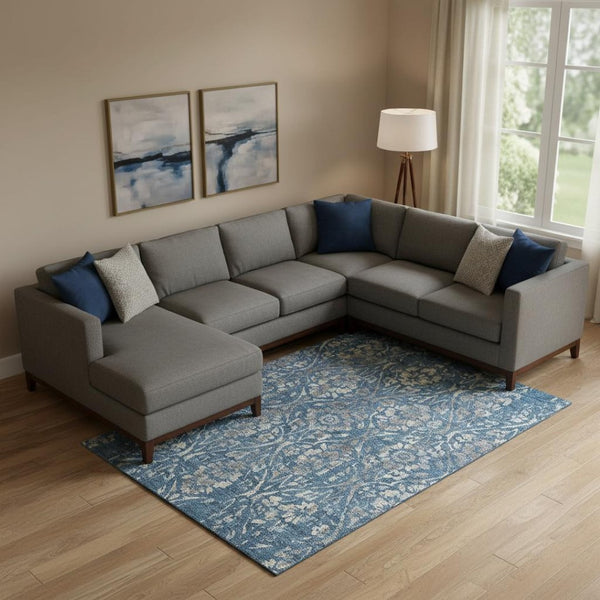 HomeRoots 10' X 14' Blue and Gray Floral Area Rug - Washable, UV Protected, Stain-Resistant for Busy Homes 669036