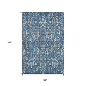 HomeRoots 10' X 14' Blue and Gray Floral Area Rug - Washable, UV Protected, Stain-Resistant for Busy Homes 669036