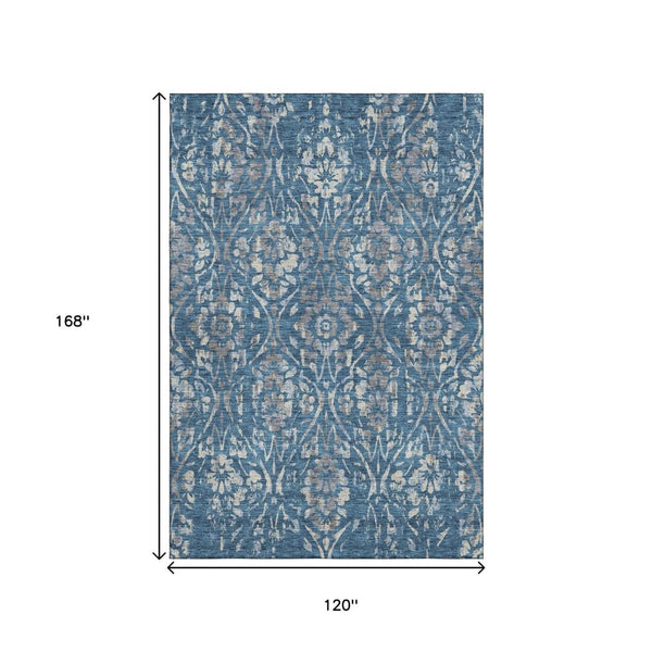 HomeRoots 10' X 14' Blue and Gray Floral Area Rug - Washable, UV Protected, Stain-Resistant for Busy Homes 669036