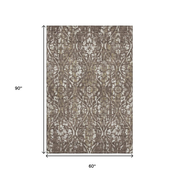 HomeRoots 5' X 8' Brown and Beige Floral Area Rug - Washable, Stain-Resistant, UV Protected for Daily Use 669038