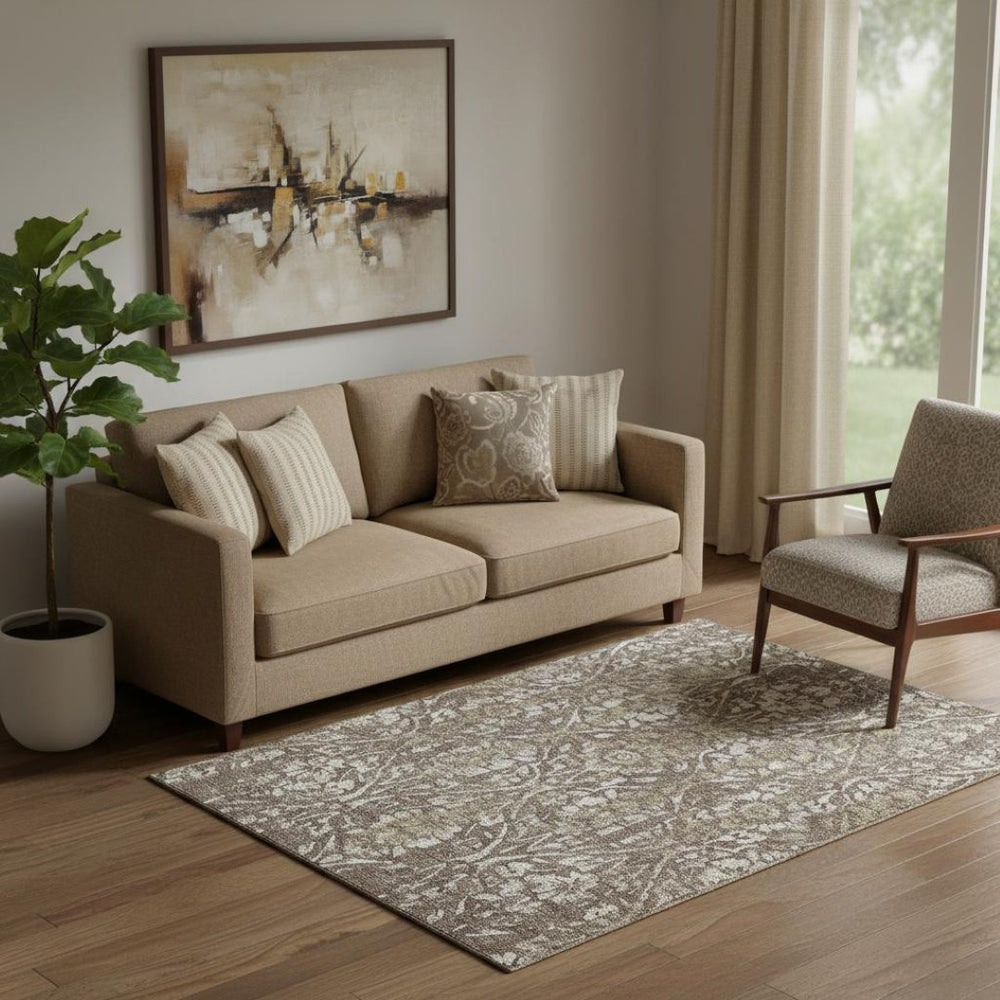 HomeRoots 5' X 8' Brown and Beige Floral Area Rug - Washable, Stain-Resistant, UV Protected for Daily Use 669038