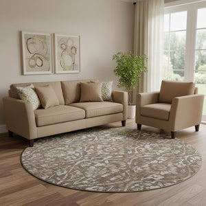 HomeRoots 8' Brown and Beige Floral Round Rug - Washable, UV-Protected, Durable Design for Busy Homes 669039