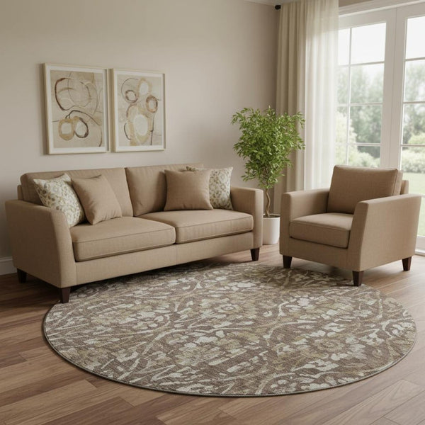 HomeRoots 8' Brown and Beige Floral Round Rug - Washable, UV-Protected, Durable Design for Busy Homes 669039