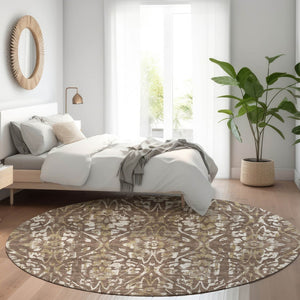 HomeRoots 8' Brown and Beige Floral Round Rug - Washable, UV-Protected, Durable Design for Busy Homes 669039