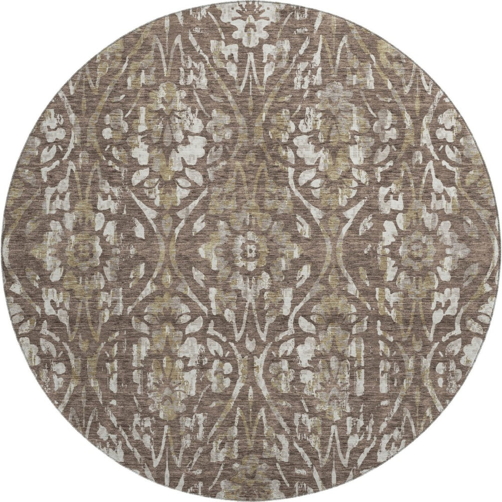 HomeRoots 8' Brown and Beige Floral Round Rug - Washable, UV-Protected, Durable Design for Busy Homes 669039