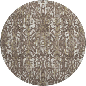 HomeRoots 8' Brown and Beige Floral Round Rug - Washable, UV-Protected, Durable Design for Busy Homes 669039