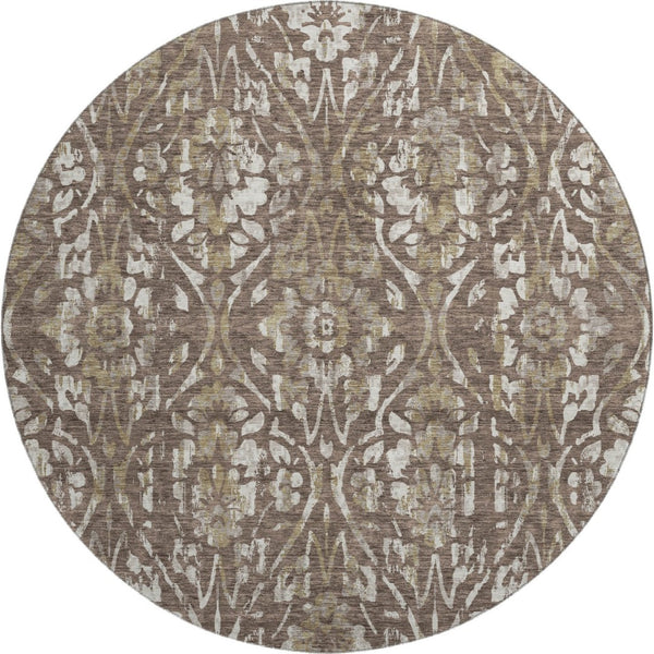 HomeRoots 8' Brown and Beige Floral Round Rug - Washable, UV-Protected, Durable Design for Busy Homes 669039