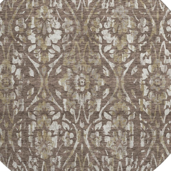HomeRoots 8' Brown and Beige Floral Round Rug - Washable, UV-Protected, Durable Design for Busy Homes 669039