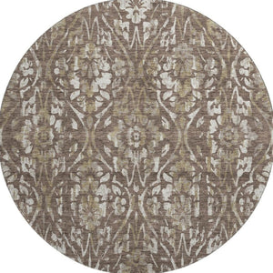 HomeRoots 8' Brown and Beige Floral Round Rug - Washable, UV-Protected, Durable Design for Busy Homes 669039