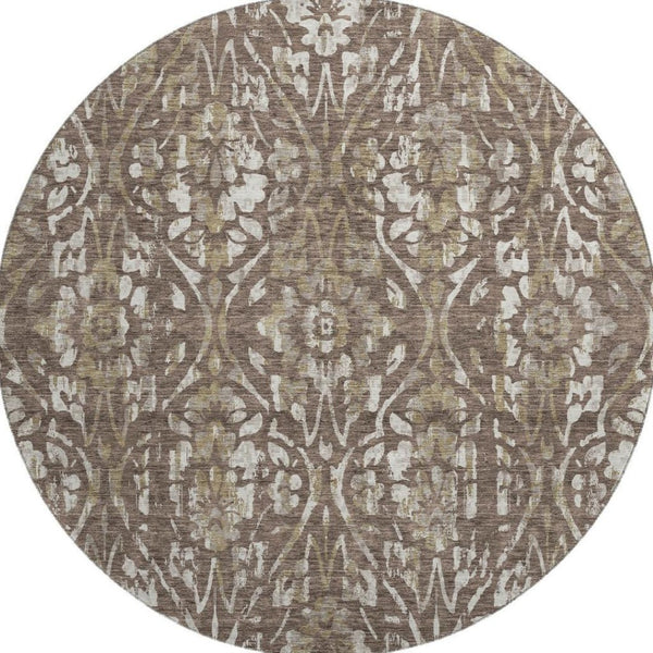 HomeRoots 8' Brown and Beige Floral Round Rug - Washable, UV-Protected, Durable Design for Busy Homes 669039