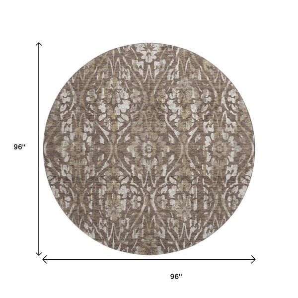 HomeRoots 8' Brown and Beige Floral Round Rug - Washable, UV-Protected, Durable Design for Busy Homes 669039