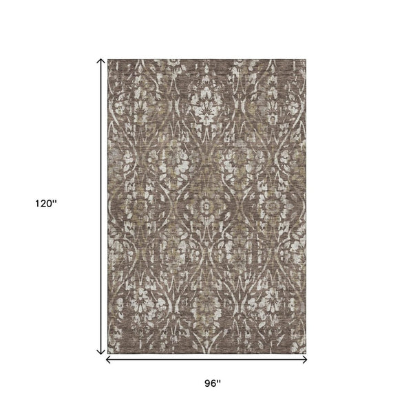 HomeRoots 8' X 10' Durable Brown & Beige Floral Area Rug - Washable, UV-Protected, Stain-Resistant Design! 669040
