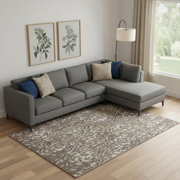 HomeRoots 8' X 10' Durable Brown & Beige Floral Area Rug - Washable, UV-Protected, Stain-Resistant Design! 669040