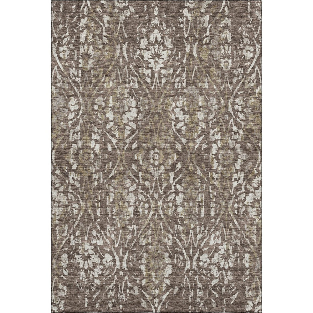 HomeRoots 8' X 10' Durable Brown & Beige Floral Area Rug - Washable, UV-Protected, Stain-Resistant Design! 669040