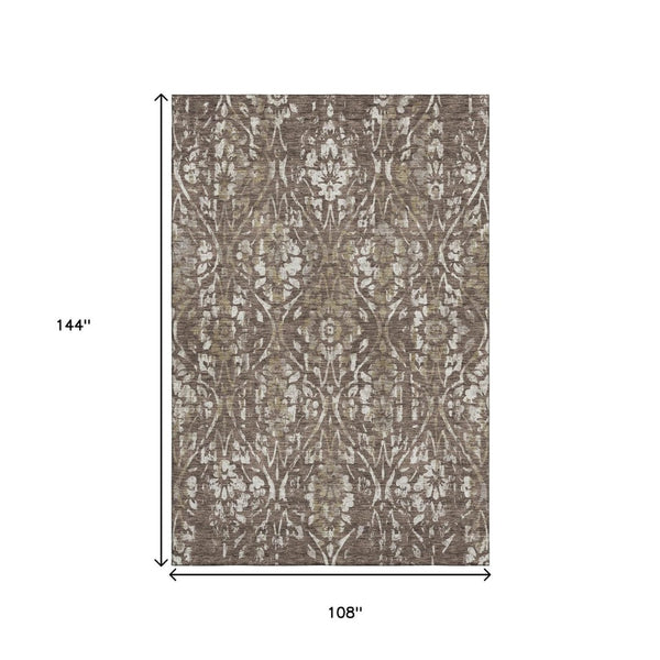 HomeRoots 9' X 12' Brown And Beige Floral Washable Area Rug - Stain Resistant, UV Protected, Family Friendly Design 669041