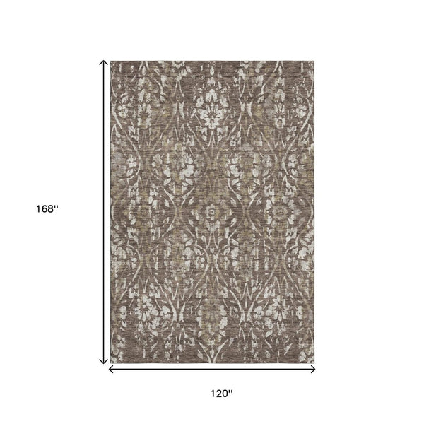 HomeRoots 10' Brown & Beige Floral Washable Area Rug with UV Protection - Perfect for Family Spaces & Pets! 669042