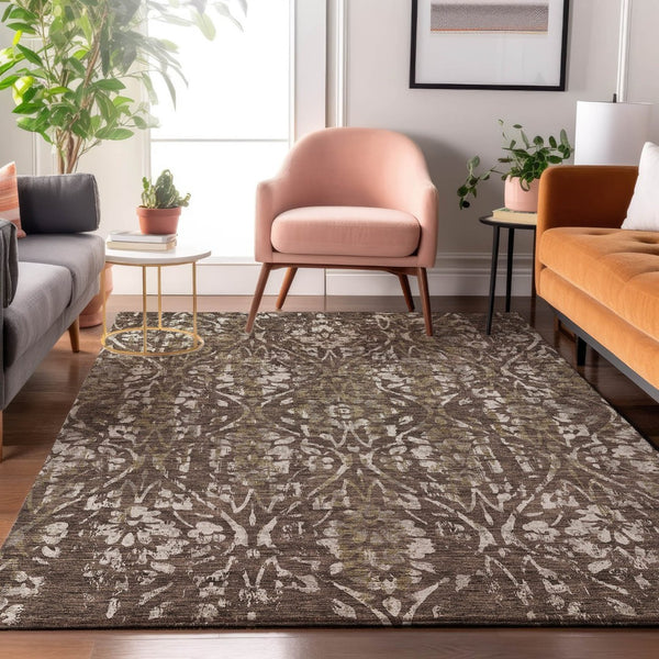 HomeRoots 10' Brown & Beige Floral Washable Area Rug with UV Protection - Perfect for Family Spaces & Pets! 669042