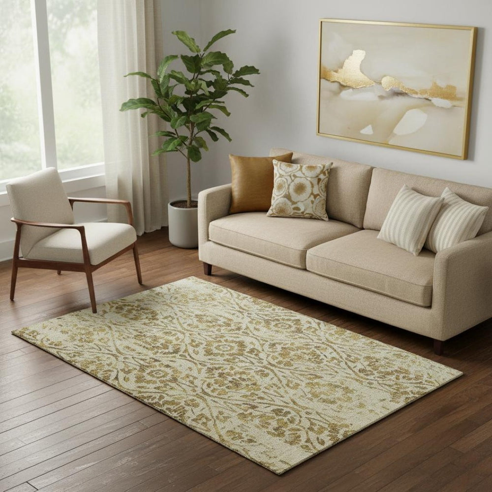 HomeRoots 5' X 8' Elegant Gold and Beige Floral Area Rug - Washable, UV-Protected for Stylish Durability 669044