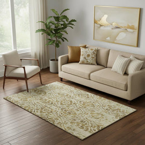 HomeRoots 5' X 8' Elegant Gold and Beige Floral Area Rug - Washable, UV-Protected for Stylish Durability 669044