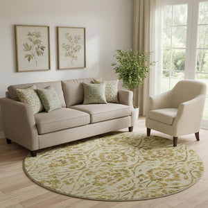HomeRoots 8' Gold and Beige Floral Washable Round Rug - Stylish, Stain-Resistant, UV-Protected for Any Space 669045