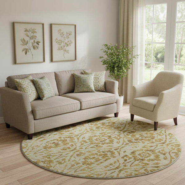 HomeRoots 8' Gold and Beige Floral Washable Round Rug - Stylish, Stain-Resistant, UV-Protected for Any Space 669045