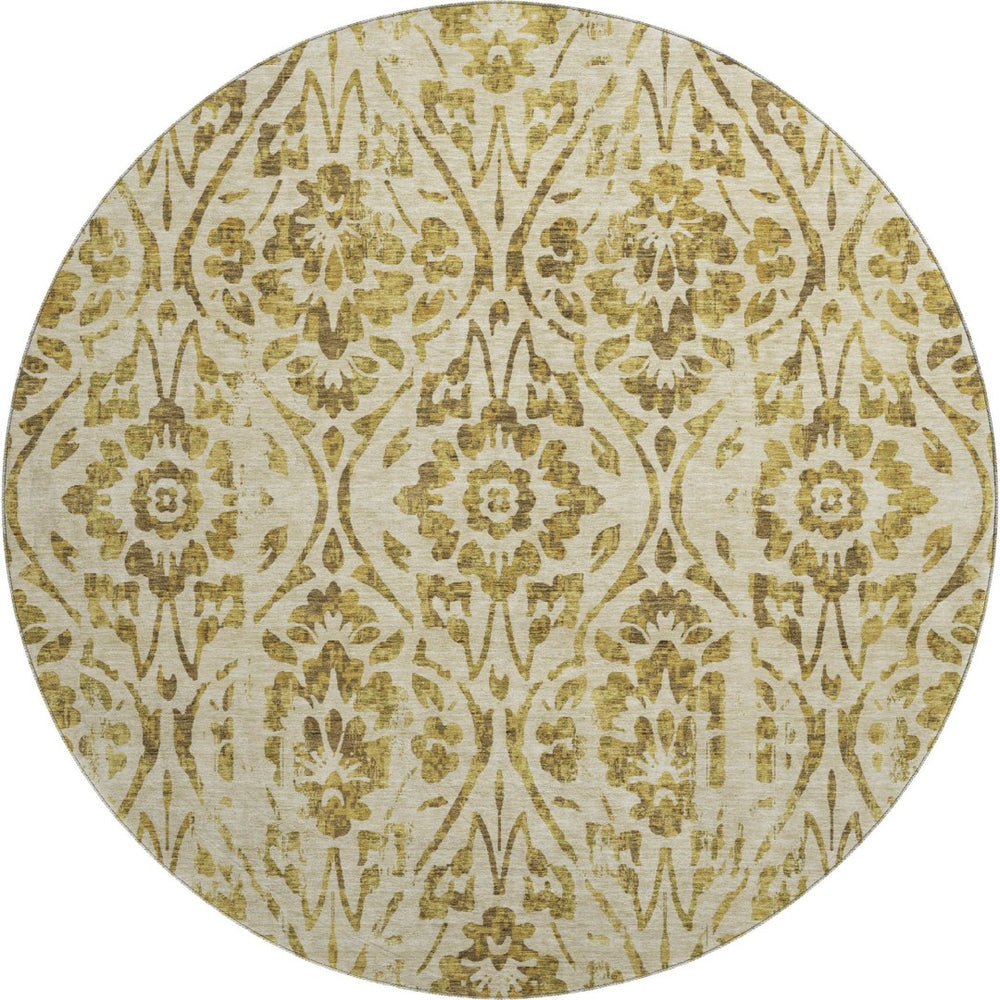 HomeRoots 8' Gold and Beige Floral Washable Round Rug - Stylish, Stain-Resistant, UV-Protected for Any Space 669045