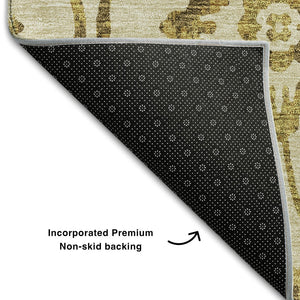 HomeRoots 8' Gold and Beige Floral Washable Round Rug - Stylish, Stain-Resistant, UV-Protected for Any Space 669045