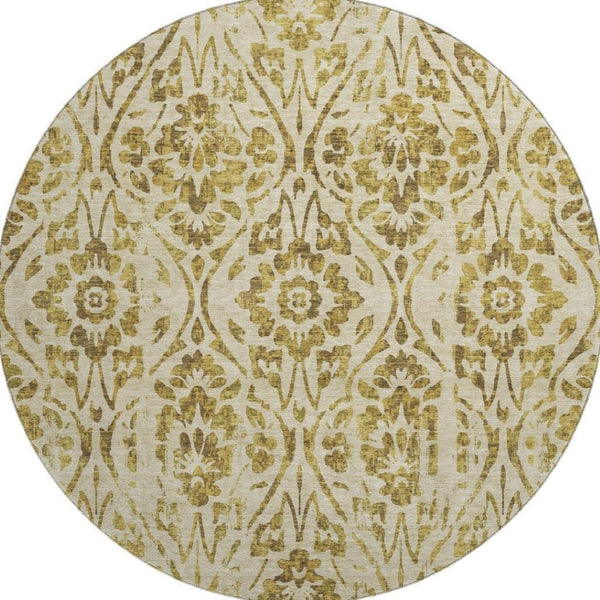 HomeRoots 8' Gold and Beige Floral Washable Round Rug - Stylish, Stain-Resistant, UV-Protected for Any Space 669045