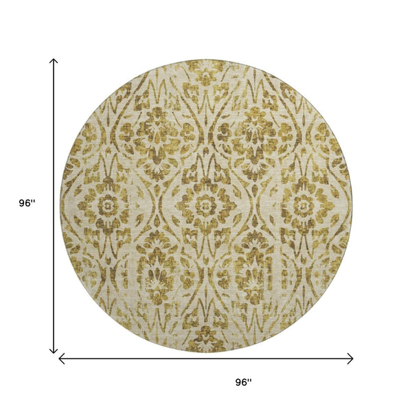 HomeRoots 8' Gold and Beige Floral Washable Round Rug - Stylish, Stain-Resistant, UV-Protected for Any Space 669045