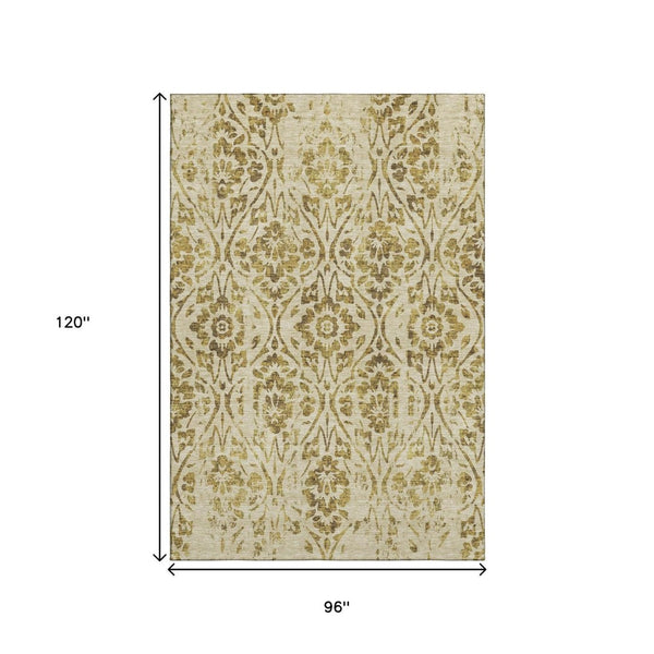 HomeRoots 8' X 10' Gold and Beige Floral Area Rug - Elegant, Washable, UV-Protected, Stain-Resistant Design 669046