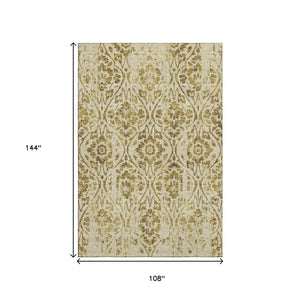 HomeRoots 9' X 12' Gold And Beige Floral Area Rug - Washable, UV Protected, Stylish & Durable for Busy Homes 669047